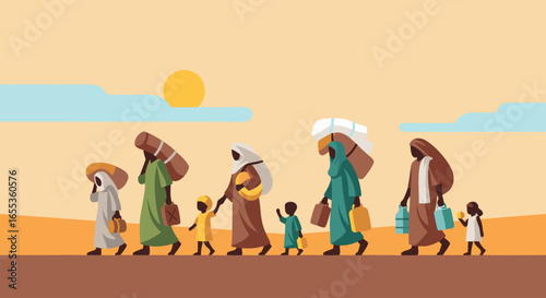 Journey Through the Desert: A line of travelers, each carrying their belongings, walks resolutely across the sandy expanse. Evoking a sense of determination amidst an arid landscape.