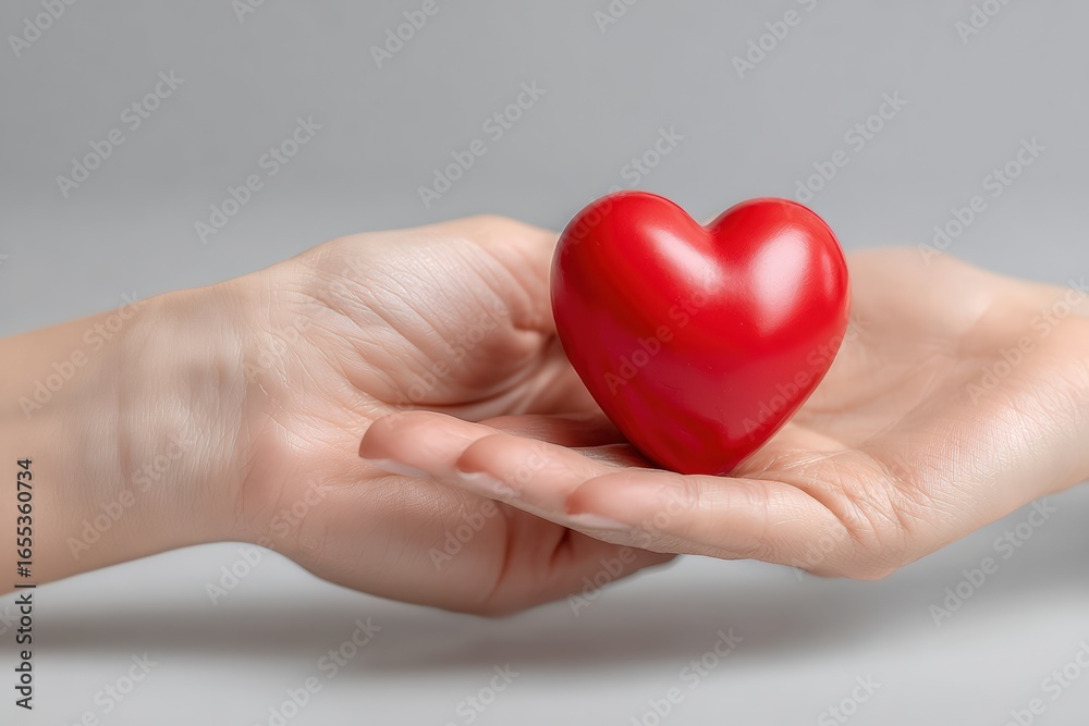 Obraz premium Offering a vibrant red heart, a woman's hand conveys messages of love, care, and the spirit of donation, representing compassion and connection