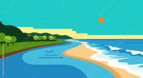 Seaside Serenity: The image showcases a stunning beach landscape with a golden sun, turquoise waters, and verdant, hilly terrain. A river meets the ocean.