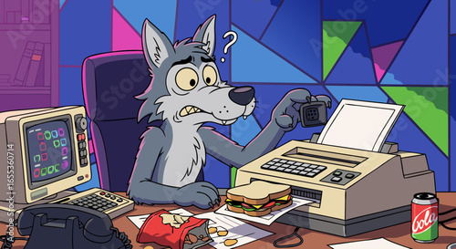 Curious Wolf's Technological Dilemma: A bewildered anthropomorphic wolf grapples with a malfunctioning printer.
