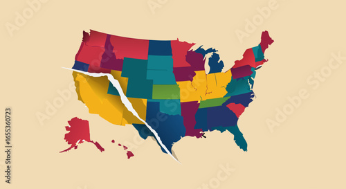 Divided States: A conceptual map of the United States is rendered in a stylized fashion, visually representing a fractured and separated nation. This evokes feelings of division and separation. 