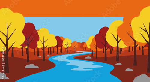 Autumn Serenity: A vibrant autumn landscape unfolds, featuring a winding river that meanders through a forest ablaze with the fiery hues of the season. Captured in a clean and refreshing style