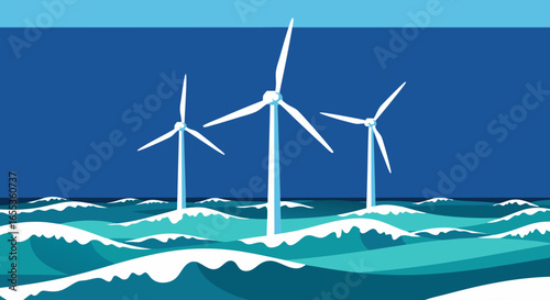 Wind Turbines in Ocean: An illustration of three pristine wind turbines gracefully positioned amidst the rolling ocean waves, harnessed to produce clean energy.