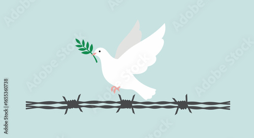 Dove of Peace: Symbol of Hope and Freedom: A pristine white dove, a universal emblem of peace, soars gracefully over a barbed wire fence, carrying a sprig of olive in its beak.