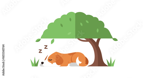 Dog's Nap under the Shade: A serene dog resting under a tree, basking in the tranquil ambiance, depicts a harmonious connection with nature.