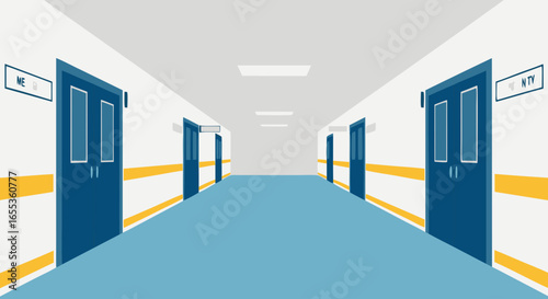 Corridor of Potential: Perspective view down a pristine hospital corridor, evoking a sense of calm and anticipation. Featuring closed doors with room numbers and a clean, organized hallway.