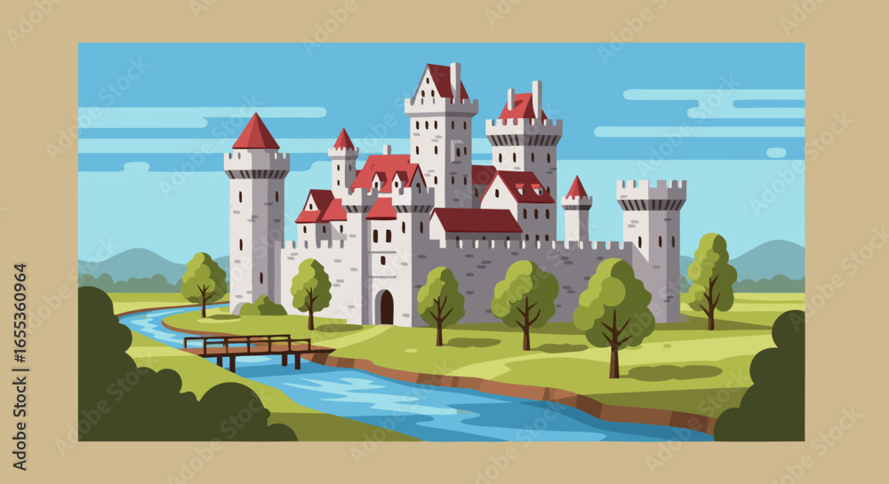 Naklejka premium Castle Amidst Serenity: A magnificent stone castle, surrounded by verdant fields and a flowing river, stands as a testament to architectural grandeur. 