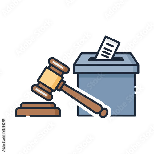 Gavel and ballot box representing law, justice, and the democratic voting process.