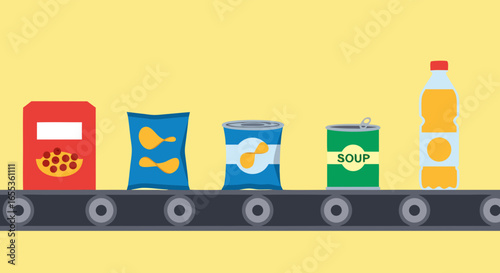 Food Manufacturing Process: An illustrated view of a food production line, showcasing an array of packaged food products traveling along a continuous conveyor belt.