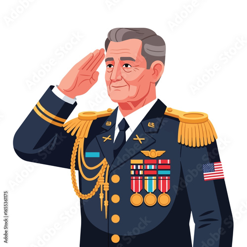 Foto A distinguished senior American military officer in a highly decorated formal dress uniform gives a respectful salute