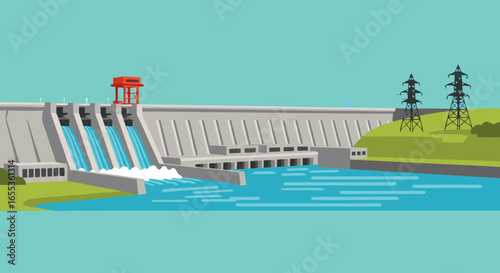 Harnessing Hydro: A comprehensive vector graphic depicting a hydroelectric dam, symbolizing engineering and environmental stewardship.
