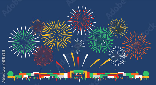 Explosive Celebration: A dazzling display of fireworks erupts over a vibrant cityscape, illuminating the night sky with a kaleidoscope of colors and evoking feelings of joy and festivity.