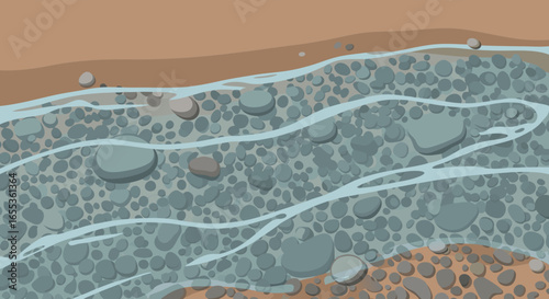 Flowing River and Stones: A serene overhead view captures a winding river flowing gracefully over a bed of smooth stones, evoking a sense of tranquility and the beauty of nature.
