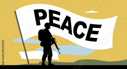 Symbol of Resolve: A soldier, bearing a weapon, stands as a silhouette against a serene backdrop, a banner of peace held high, representing a solemn promise of tranquility.