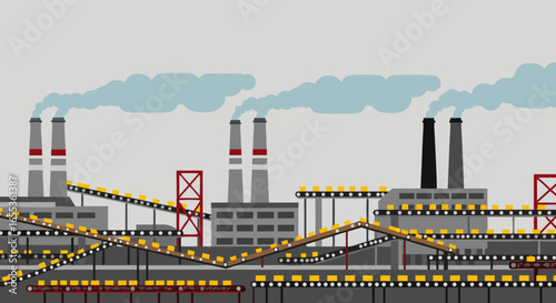 Industrial Landscape: A flat graphic illustration depicts an active factory, showcasing industrial activities with detailed machinery, and smokestacks releasing smoke into the sky.