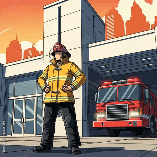 Firefighter standing guard at a fire station in a city.