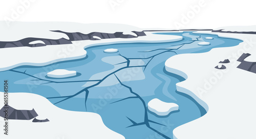 Polar Landscape: A pristine panorama of a glacial expanse, with a river of water meandering through a landscape of ice and snow. Captured with simple shapes and a cool color palette.