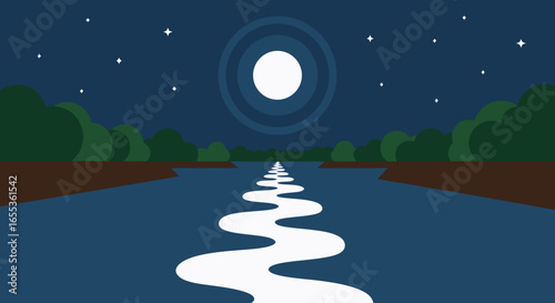 Nocturnal River Path: An abstract illustration captures a serene nocturnal scene, featuring a winding river path illuminated by the radiant moon.