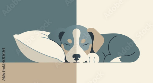 Peaceful Slumber: A charming illustration of a dog peacefully asleep on a soft pillow, embodying tranquility and rest in a divided color scheme.