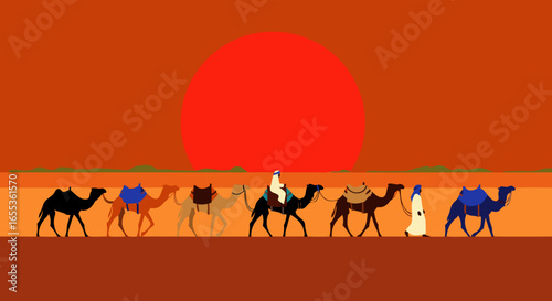 Camel Caravan Silhouette: A serene caravan of camels traverses the vast desert under the fiery glow of a setting sun, encapsulating the timeless beauty of the desert landscape and journey.