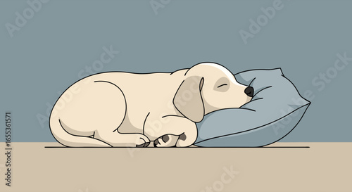 Sweet Slumber: A peaceful illustration depicts a dog, curled up in serene repose, dreaming softly upon a pillow, inviting feelings of rest and relaxation. 