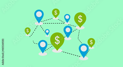 Financial Route: A map illustrates the global movement of capital through various locations, symbolized by interconnected map pins, in a digitally rendered image emphasizing the financial flow.