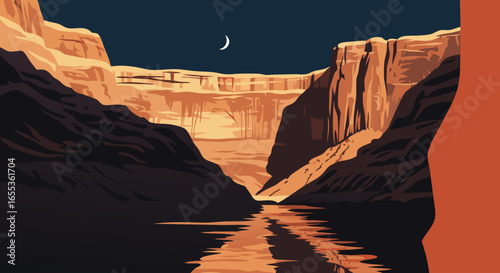 Mystical Canyon at Dusk: A serene landscape painting unfolds, showcasing a deep canyon under a twilight sky, the reflective water mirroring the celestial glow of the crescent moon.
