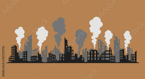 Silhouette of a City Destroyed: A haunting, monochromatic depiction of a city in ruins, its skyline scarred by destruction, with plumes of smoke billowing into the air. 