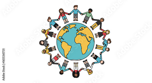 Global Unity: People of diverse origins gather, forming a circle of solidarity around the Earth. A message of worldwide cohesion and communal harmony.