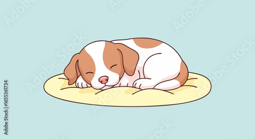 Puppy's Slumber: A sweetly illustrated puppy sleeps soundly on a soft yellow pillow against a serene background, capturing the innocence and comfort of a peaceful nap.