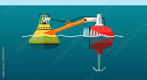 Buoy Maintenance in The Deep: A dynamic illustration captures a marine maintenance scene, featuring a yellow and red buoy being serviced in the serene, deep blue sea.