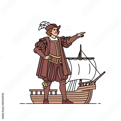 Illustration of Christopher Columbus, a historical explorer, pointing towards the horizon, with a ship in the background.