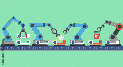Robotic Arms on Assembly Line: Illustrative depiction of robotic arms on an assembly line, meticulously working on a product amidst an industrial setting. Reflecting automation