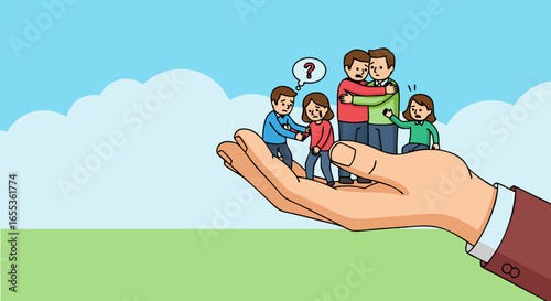 Nurturing Bonds: A heartwarming illustration depicts a giant hand cradling a family, symbolizing care, support, and unity in the face of uncertainty and struggle. 