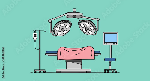 Surgical Room: A sterile and modern surgical room illustration, featuring advanced medical equipment, surgical bed, lighting system, and a sterile operating environment. 