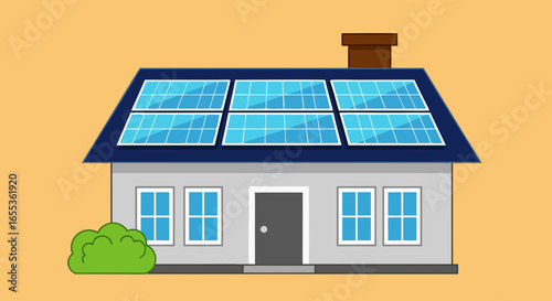 Sustainable Home: A modern house utilizes solar panels on its roof to harness renewable energy, with clear windows and a welcoming facade