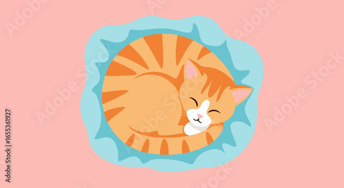 Cozy Cat's Nap: A tranquil scene of a ginger cat curled up comfortably in its bed, enjoying a peaceful rest, evoking a sense of serenity and the comfort of a warm home.