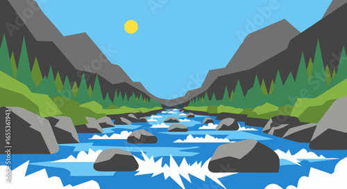 Majestic River Journey: This illustration reveals a picturesque scene of a river coursing through a valley flanked by towering mountains under a brilliant sun.