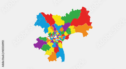 Color-Coded City Regions: A vivid representation of urban organization, this digital image showcases a meticulously color-coded map of a city, accentuating districts and their unique structures.