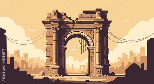 Ancient Archway: A majestic archway, weathered by time, stands against a city backdrop, evoking history and mystery. Its weathered stone surfaces tell a story of endurance and the passage of time.