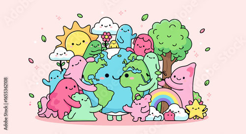 Earth Day Delight: A charming illustration celebrating Earth Day, featuring playful characters embracing the globe, surrounded by whimsical elements.