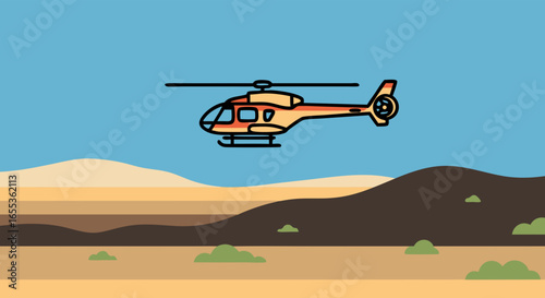 Skybound Aerial: A sleek helicopter soars through the vast, open sky above an arid landscape. Witness the fusion of modern technology and the raw beauty of nature.