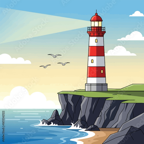A red and white striped lighthouse shines its light from a grassy cliff overlooking the sea with seagulls flying by.