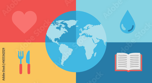 World's Essentials: An elegant illustration of a globe at the heart, surrounded by essential symbols symbolizing vital components needed for the world's survival, peace and happiness.