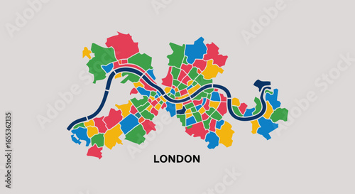 London City Map Illustration: A vibrant and stylized depiction of London's intricate layout, showcasing its boroughs with a creative use of color and emphasizing the Thames River.