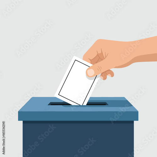 A hand is casting a blank ballot into a blue voting box during an election.