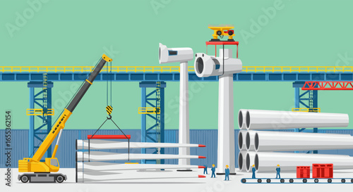 Wind Turbine Assembly: A dynamic illustration showing the complex process of assembling wind turbines, showcasing green energy and sustainable development