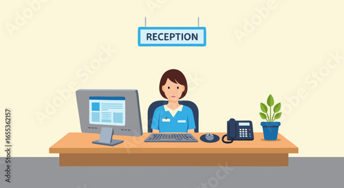 Reception Desk and Attendant: A modern reception desk in a professional setting with a cheerful attendant providing assistance. Depicting the essence of support and guidance.