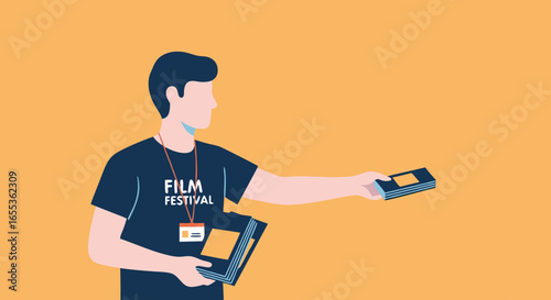Film Festival Usher Offering Brochure: A focused individual from the Film Festival offers brochures, an illustrated graphic of the film festival scene.