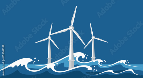 Offshore Wind Energy: A dynamic illustration showcases the future of sustainable energy. Towering wind turbines harness the power of the sea amidst rolling waves, a testament to renewable power.